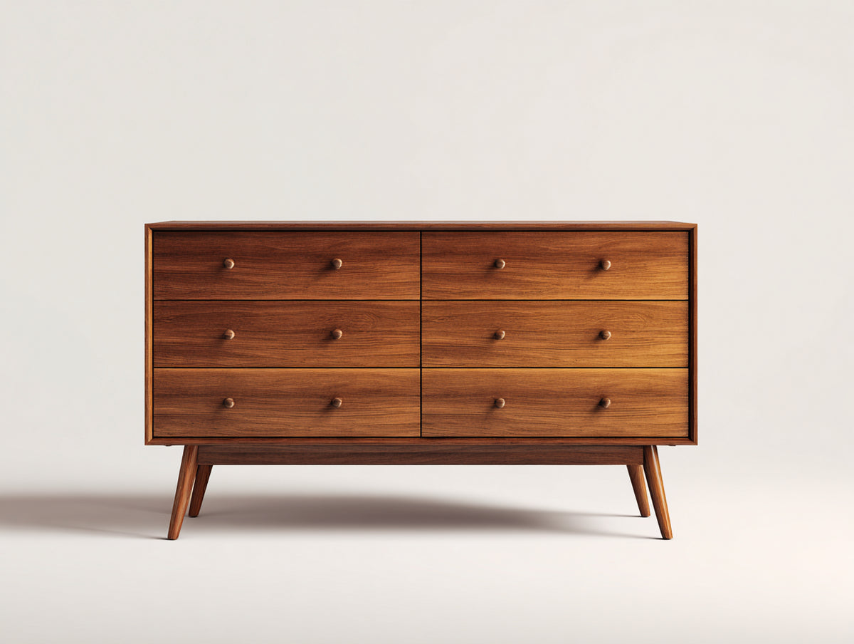 Cómoda de 6 cajones en madera 160x40x80 cm - acabado madera nogal - estilo moderno retro para dormitorio