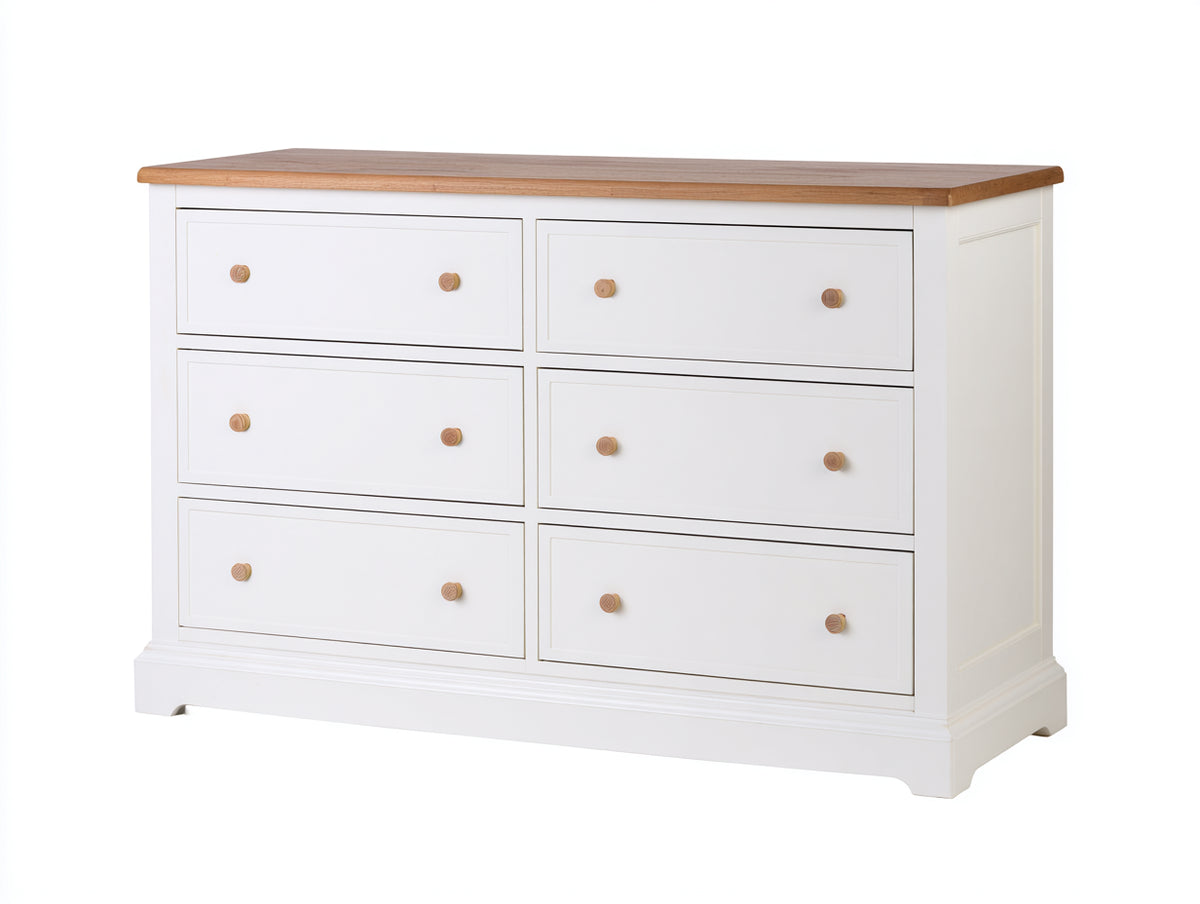 Cómoda de 6 cajones en madera 140x40x80 cm - blanco y madera natural - estilo clásico para dormitorio