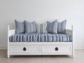 Sofás cama de madera 200x90x85 cm - Estructura blanca con tejido azul y blanco - Diseño clásico con cajones de almacenamiento