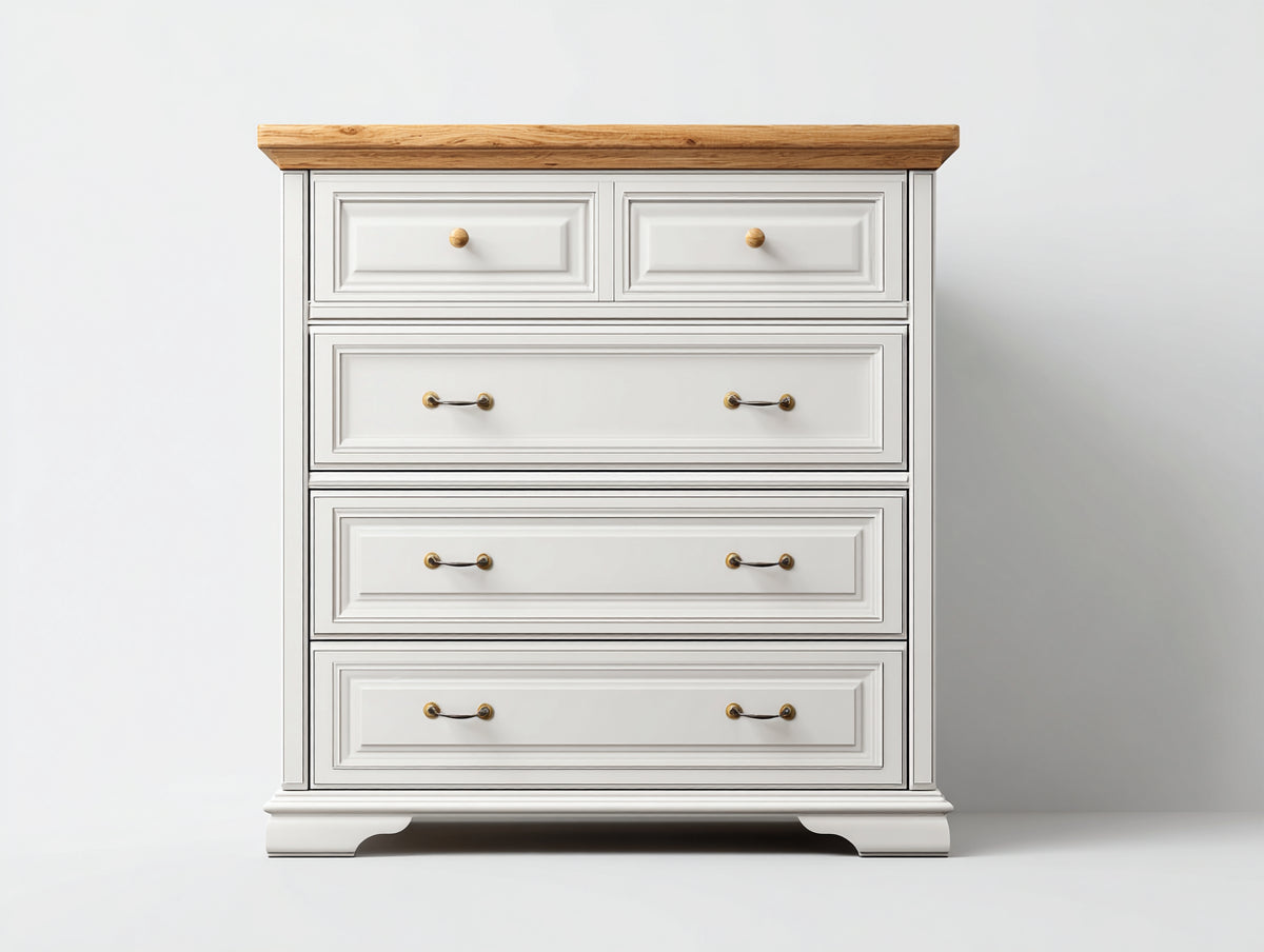 Cómoda de madera 100x40x110 cm - MDF acabado blanco y madera natural - Diseño clásico con 5 cajones para dormitorio