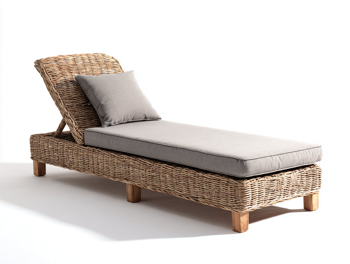 Tumbonas de ratán 200x75x75 cm - Estructura tejida natural con cojín gris - Diseño minimalista para jardín y terraza