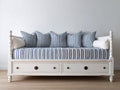 Sofás cama - Estructura de madera y tapizado de tela 200 x 90 cm - Blanco y azul - Diseño clásico con cajones de almacenamiento