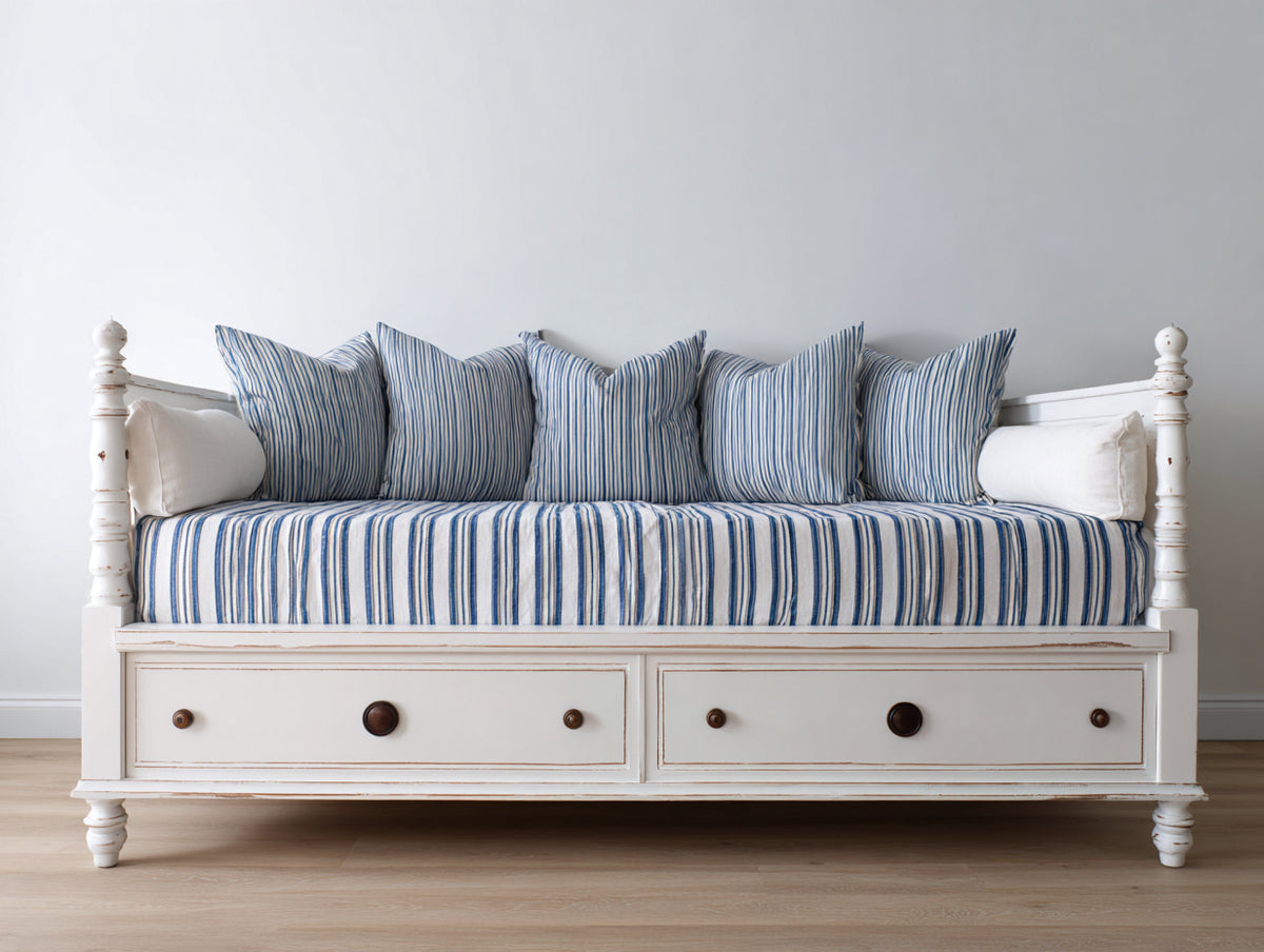 Sofás cama - Estructura de madera y tapizado de tela 200 x 90 cm - Blanco y azul - Diseño clásico con cajones de almacenamiento