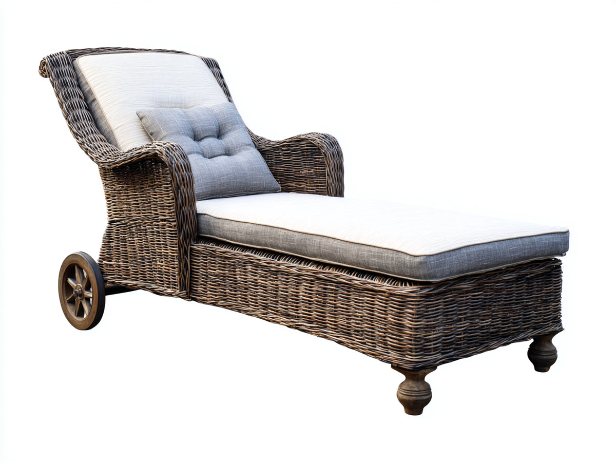 Tumbona de ratán 200x70x80 cm - marrón - diseño clásico con ruedas para jardín y terraza