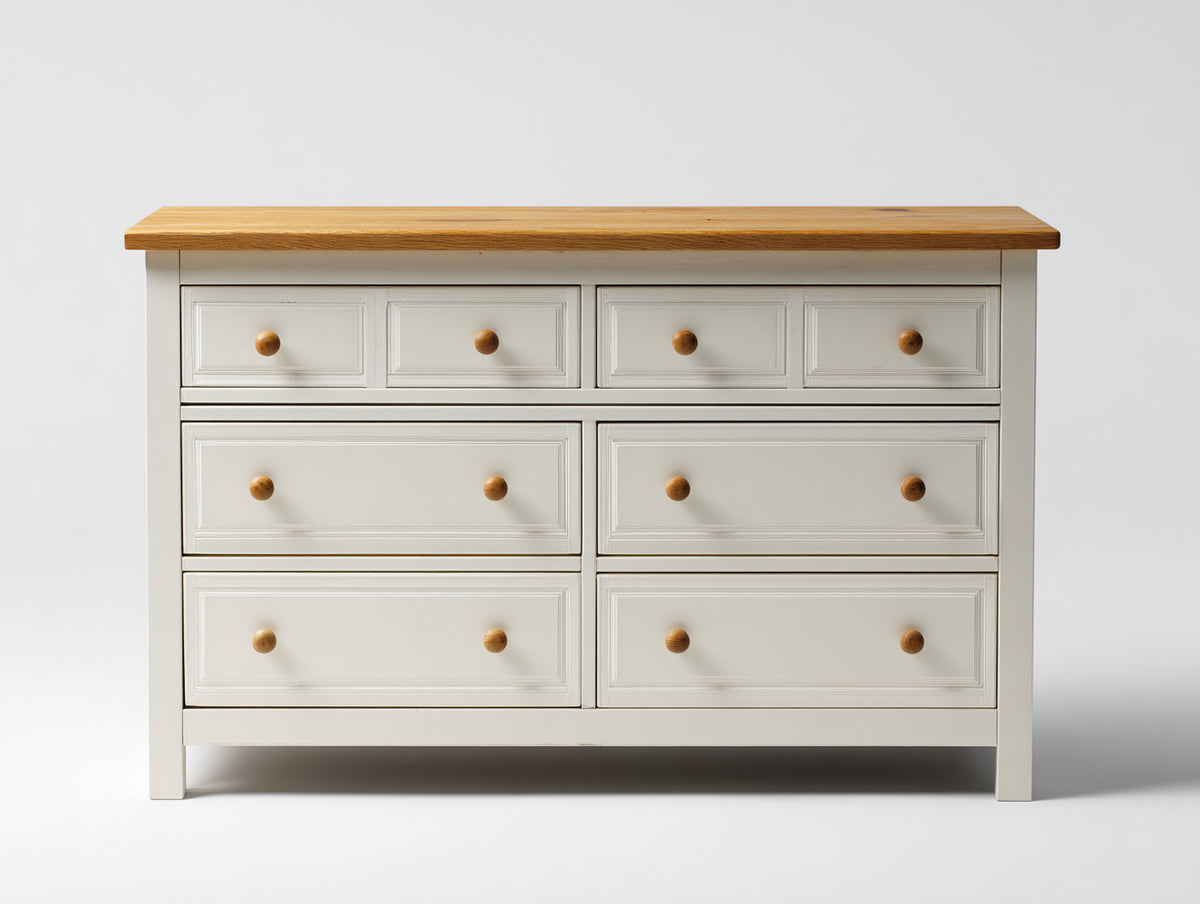 Cómoda de 8 cajones de madera 160x40x85 cm blanco y madera natural estilo clásico