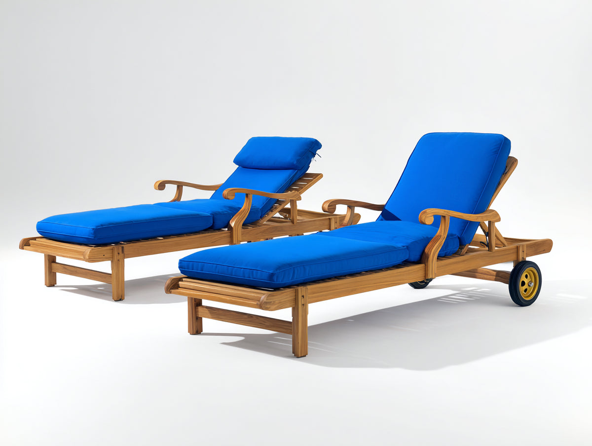 Tumbona de jardín de madera 200x70x85 cm - madera natural - con cojín azul y ruedas para exterior