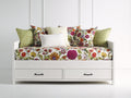 Sofás cama de madera 200x90x85 cm - Estructura blanca con tejido floral multicolor - Diseño clásico con cajones de almacenamiento