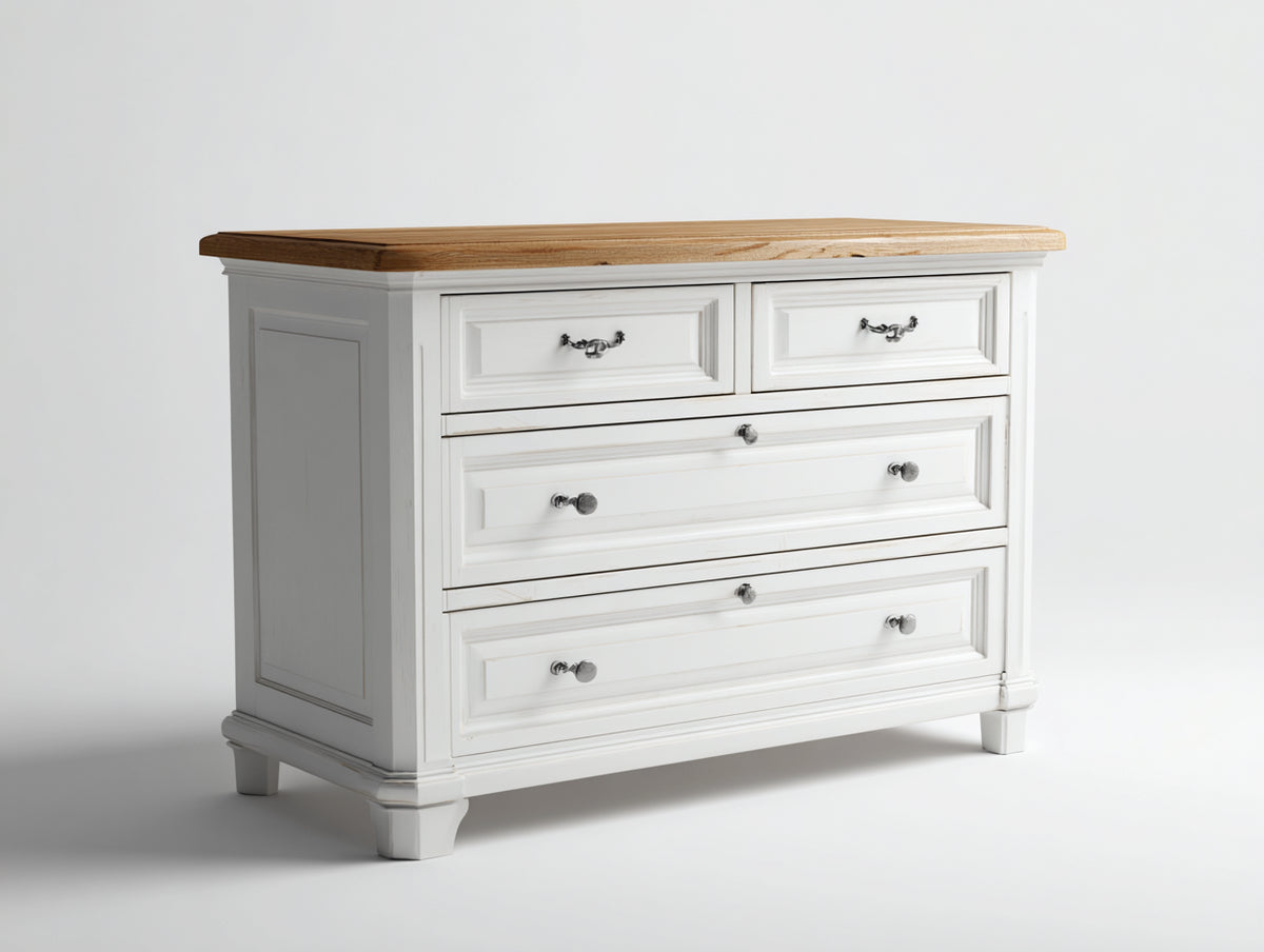 Cómodas 120x45x85 cm - madera acabado blanco y cubierta marrón - diseño clásico con 4 cajones