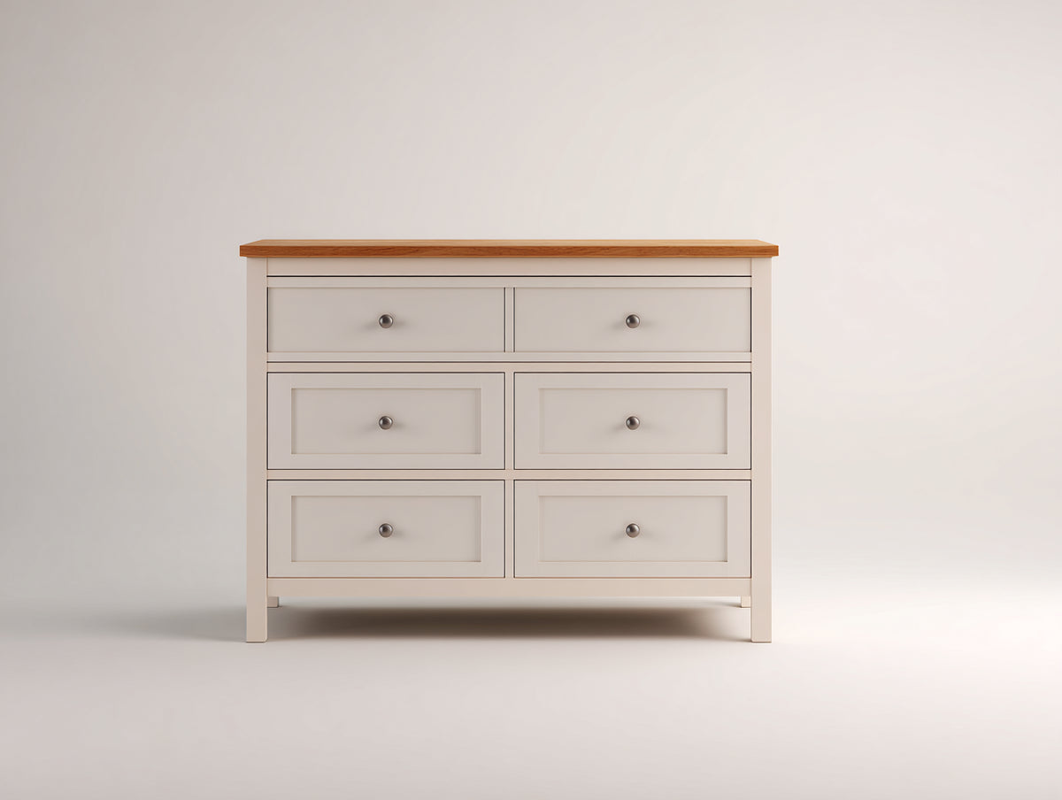 Cómoda de madera con 6 cajones 120x40x85 cm - blanco y madera natural - diseño clásico para dormitorio