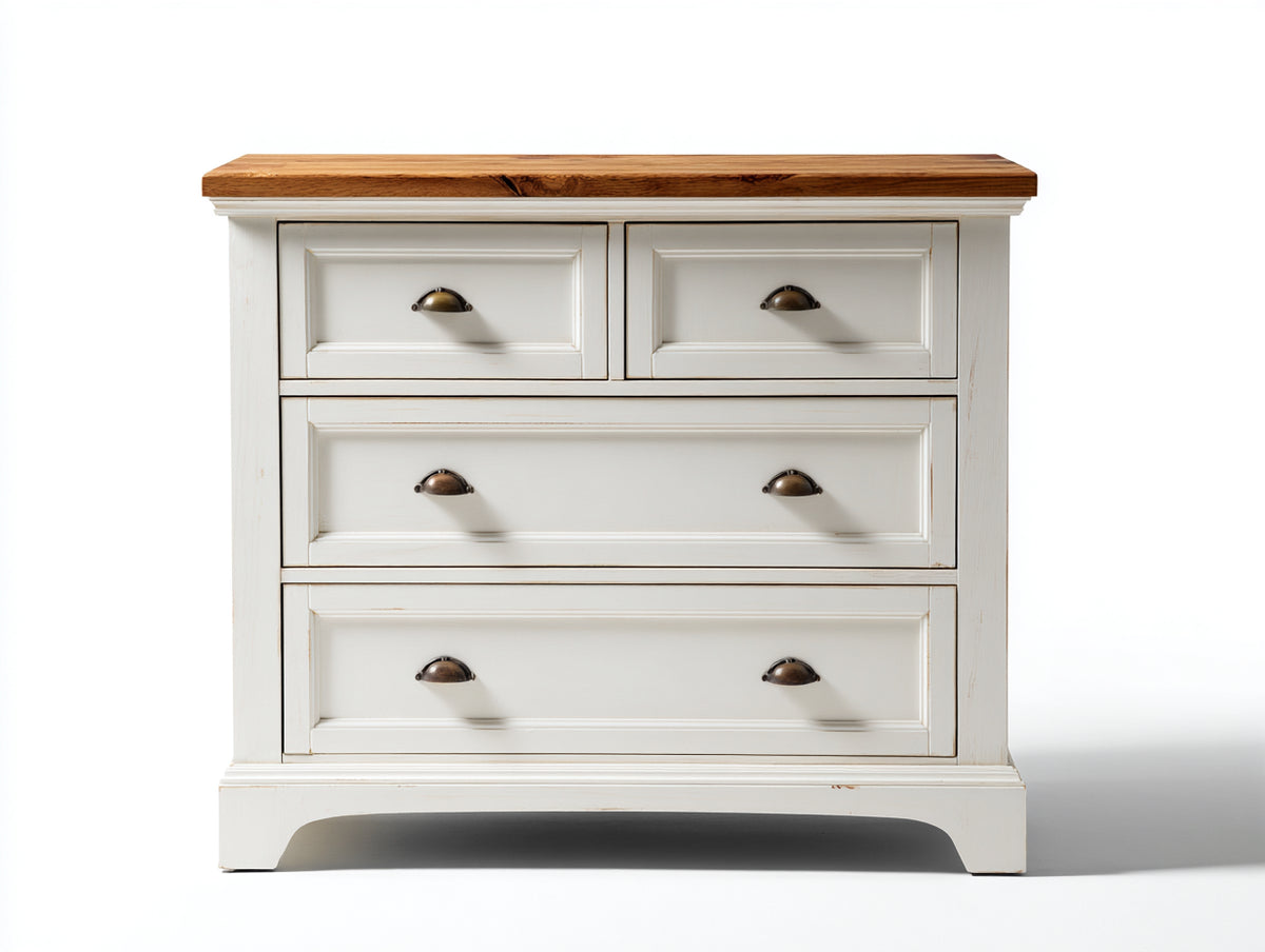 Cómoda de madera 100 x 40 x 80 cm - Color blanco con encimera efecto madera - Diseño clásico con 4 cajones