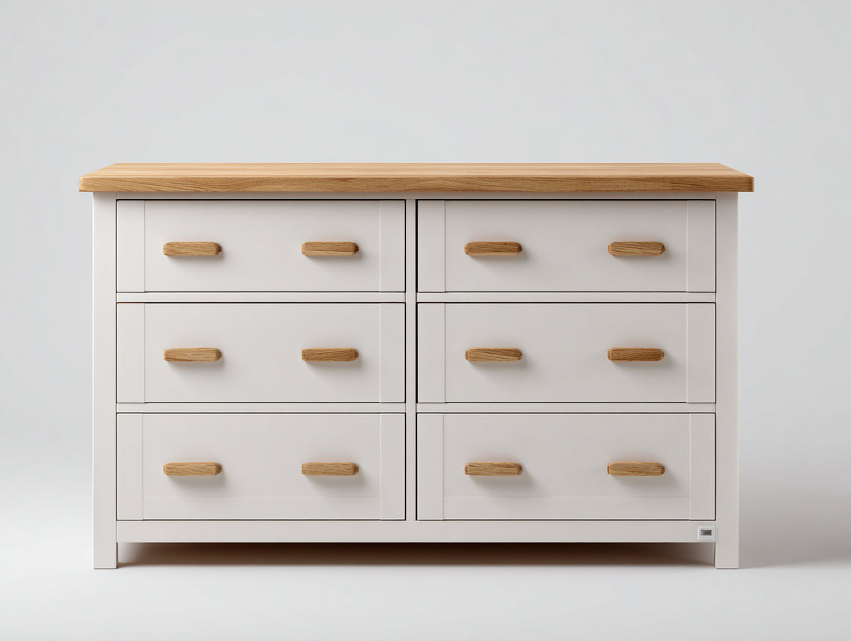 Cómoda de 6 cajones en tablero de madera 120x40x80 cm - blanco y madera natural - estilo moderno para dormitorio