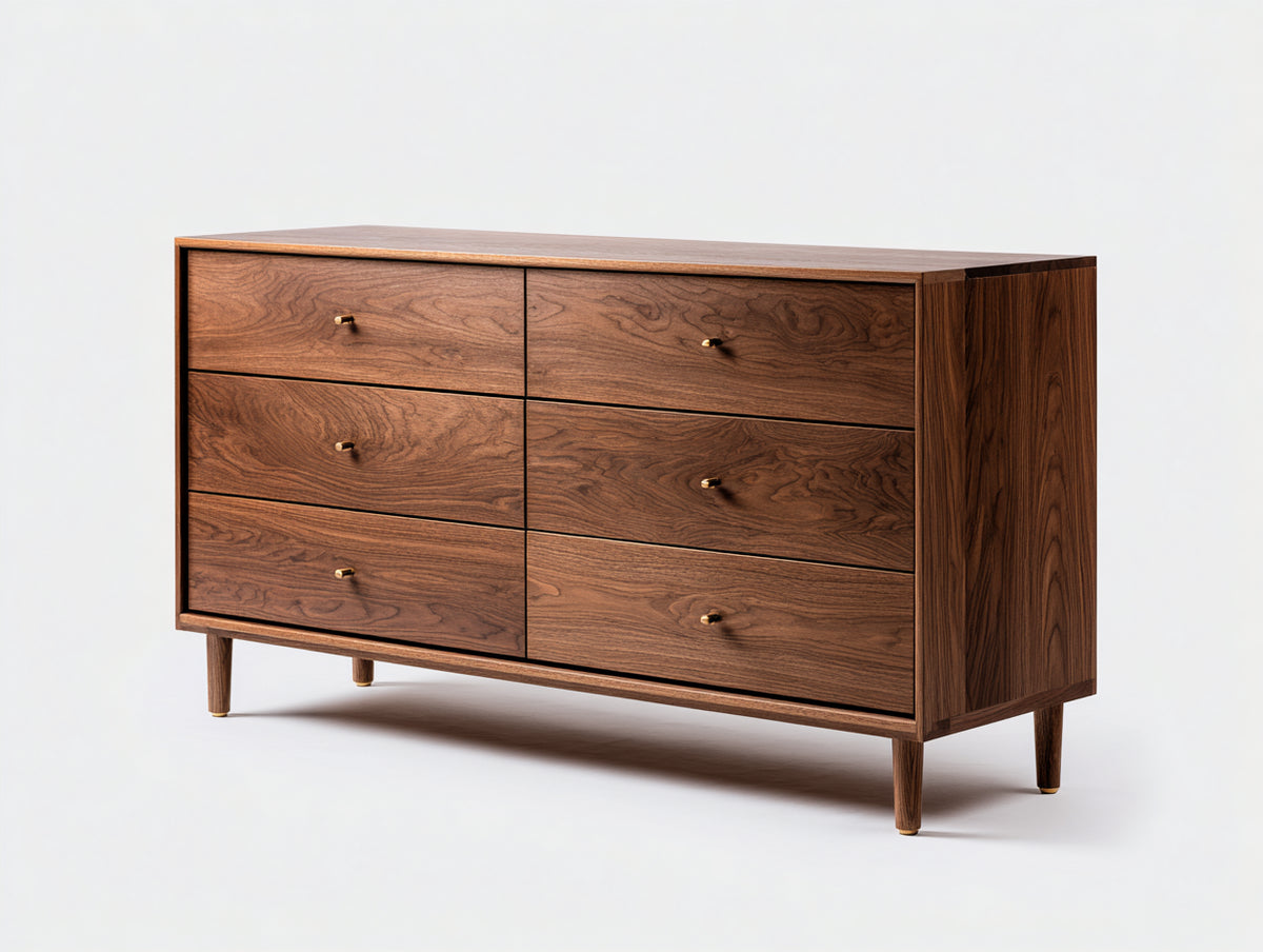 Cómoda de madera 160x40x75 cm - MDF acabado nogal natural - Diseño moderno con 6 cajones para dormitorio