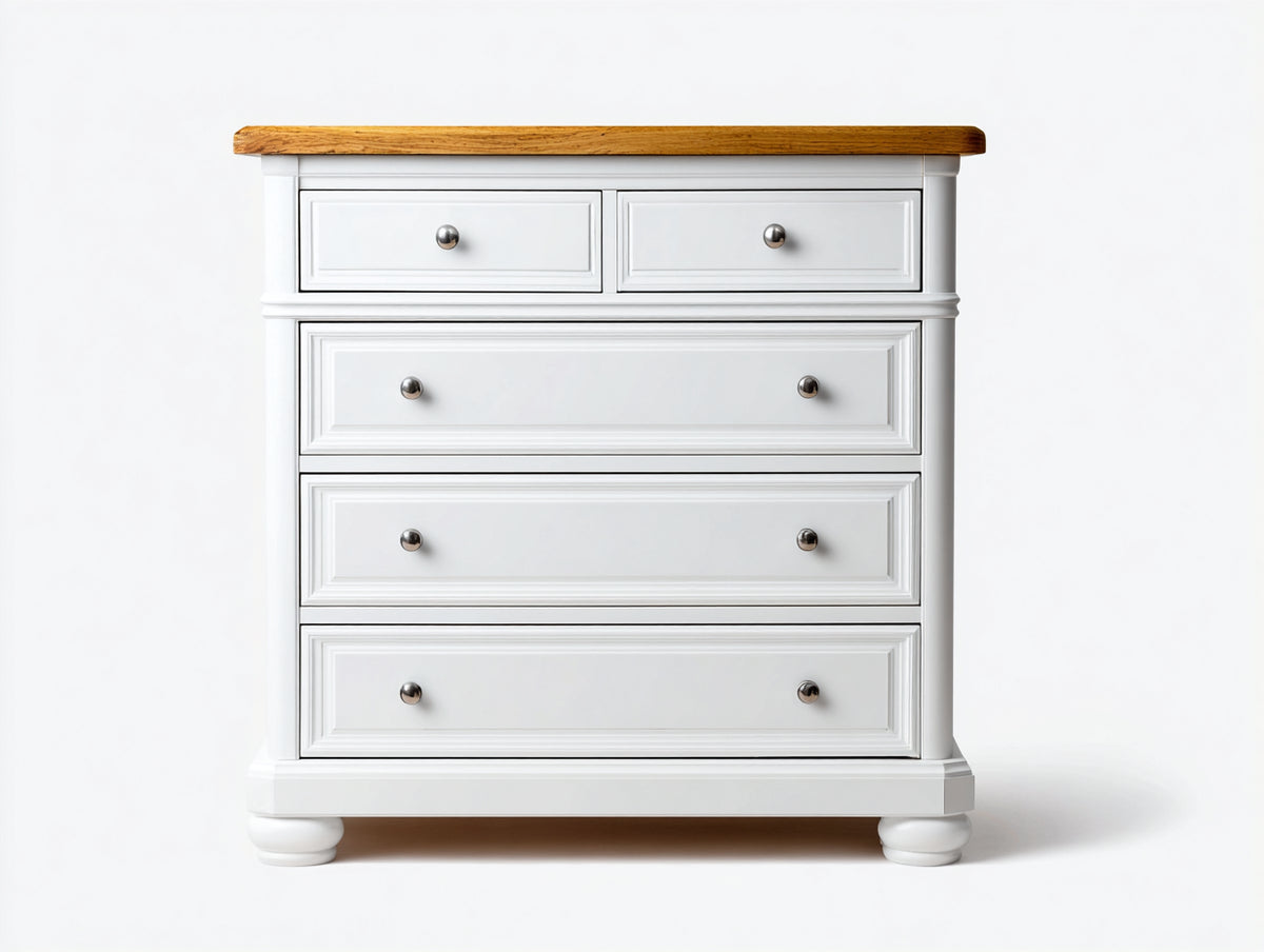 Cómodas de madera 100 x 45 x 100 cm - Blanco y natural - Estilo clásico con 5 cajones