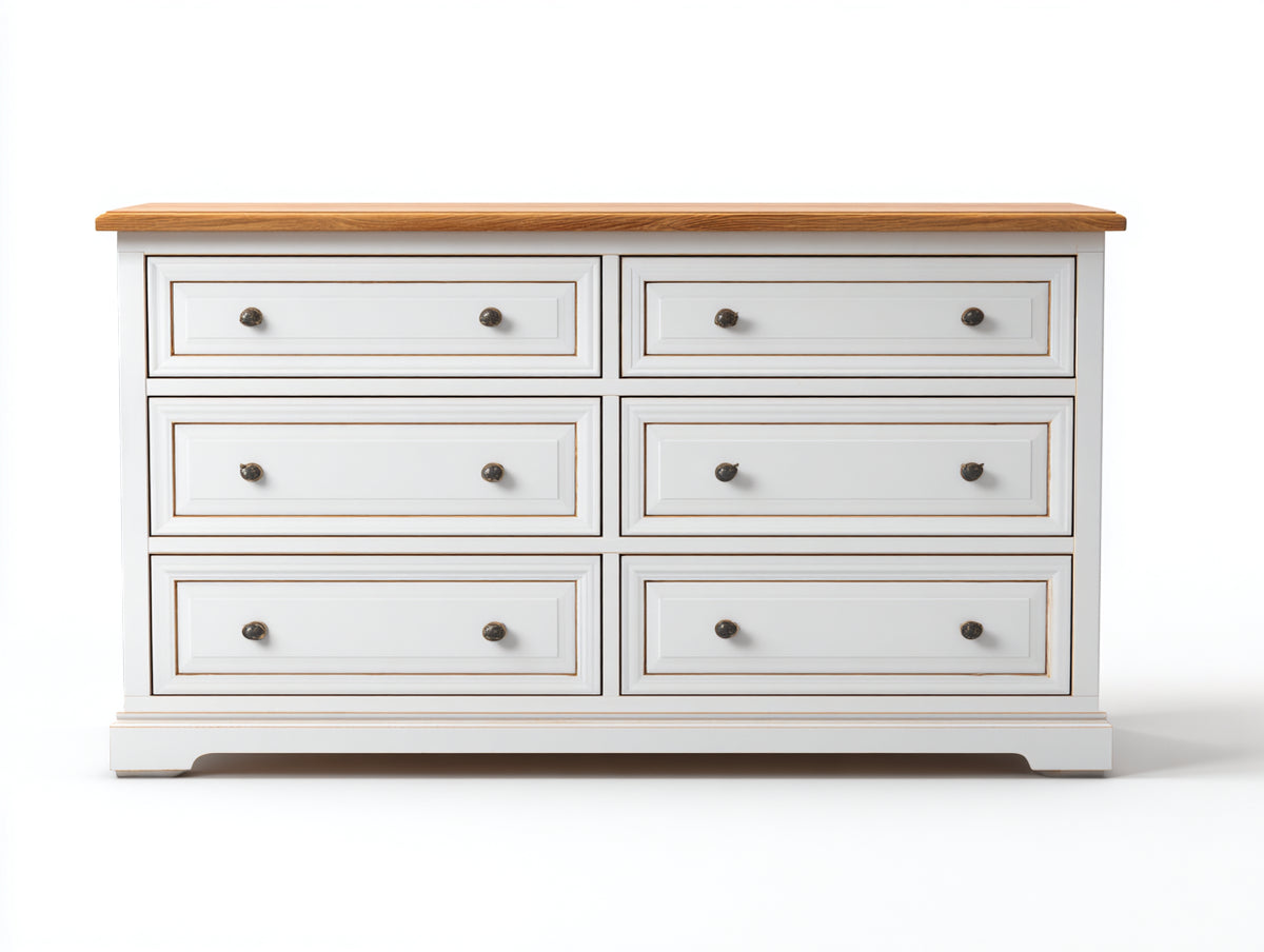 Cómoda de madera 160x40x80 cm - MDF acabado blanco y madera natural - Diseño clásico con 6 cajones para dormitorio