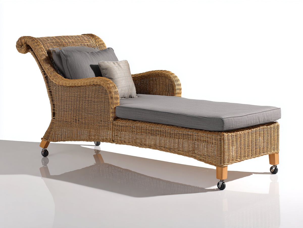 Tumbona de jardín ratán sintético 200x75x85 cm madera natural reclinable con ruedas estilo natural