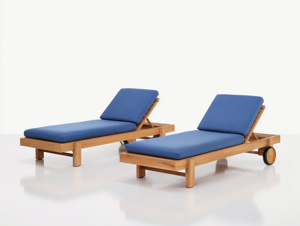 Tumbonas de jardín de madera maciza con cojines acolchados 200 x 70 x 75 cm - color natural y azul - diseño moderno para exterior