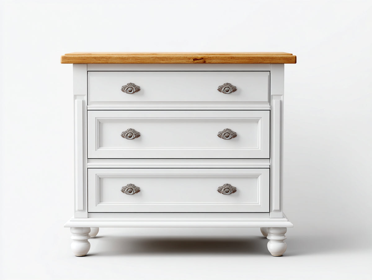 Cómoda de 3 cajones en madera 100x45x85 cm - blanco y madera natural - estilo clásico para dormitorio