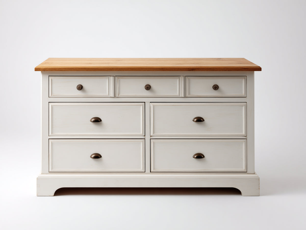 Cómoda de madera 140x40x80 cm - MDF acabado blanco y madera natural - Diseño clásico con 7 cajones para dormitorio