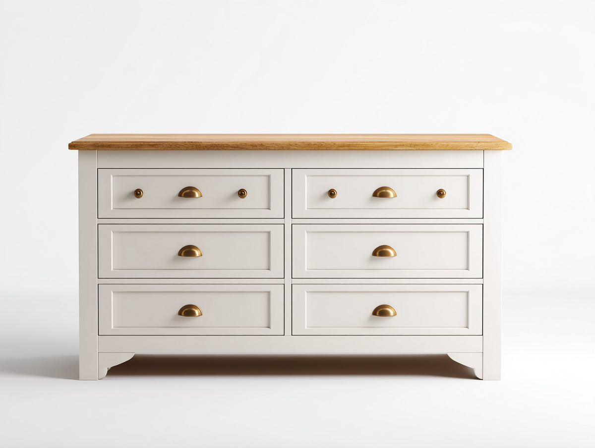 Cómoda de madera con 6 cajones 160x40x85 cm - blanco y madera natural - diseño clásico para dormitorio