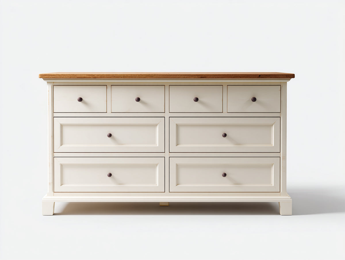 Cómodas de madera 160 x 45 x 90 cm - Blanco y natural - Estilo clásico con 8 cajones