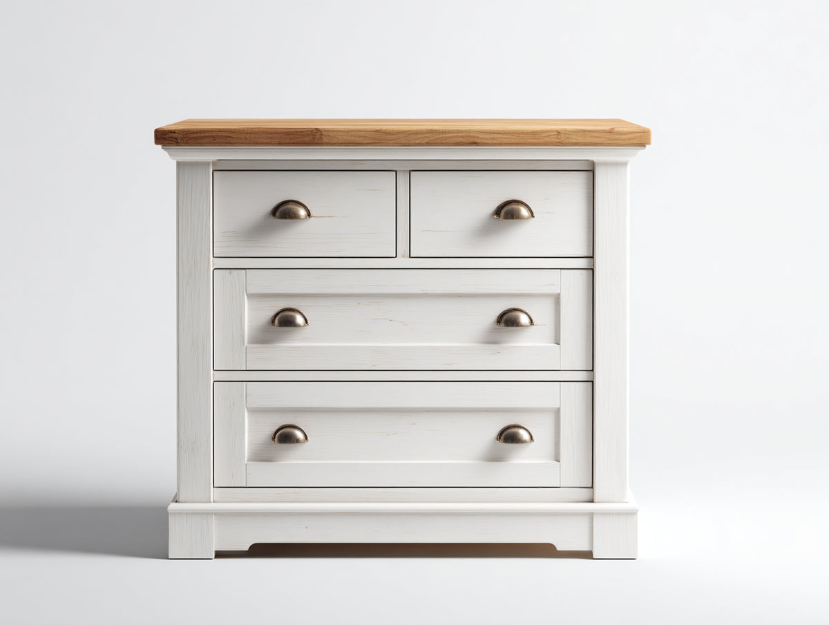 Cómoda de 4 cajones de madera 100x40x85 cm blanco y madera natural estilo rústico